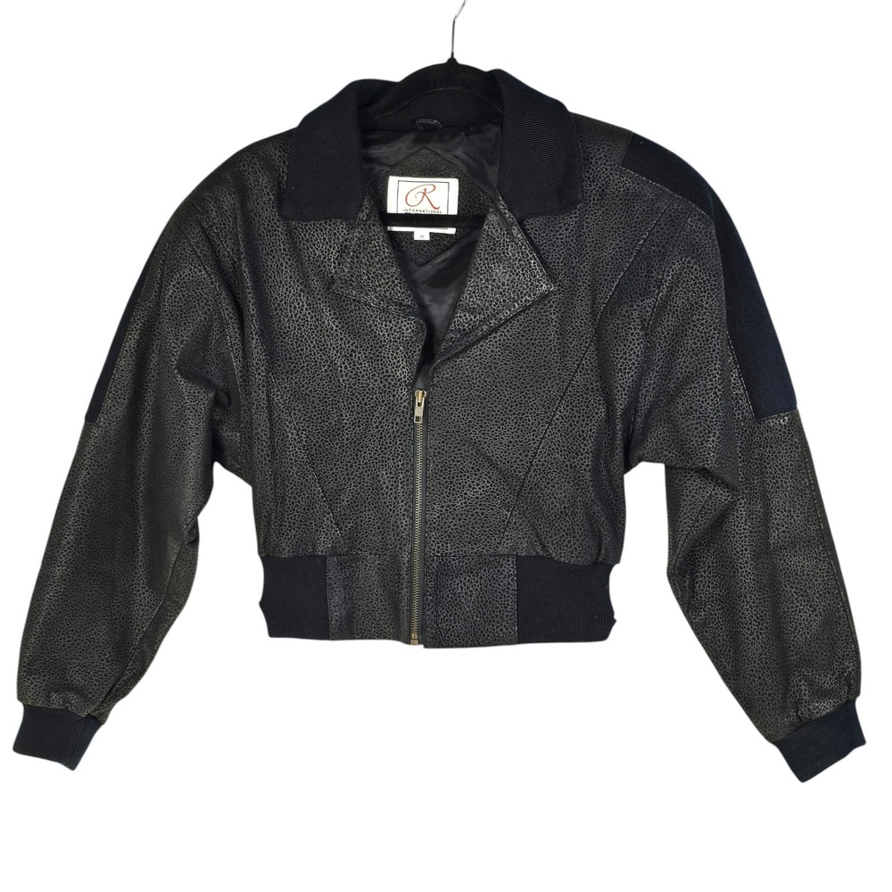 Rinzi International Vintage Leather Bomber Jacket Black Pebble Batwing Cropped M